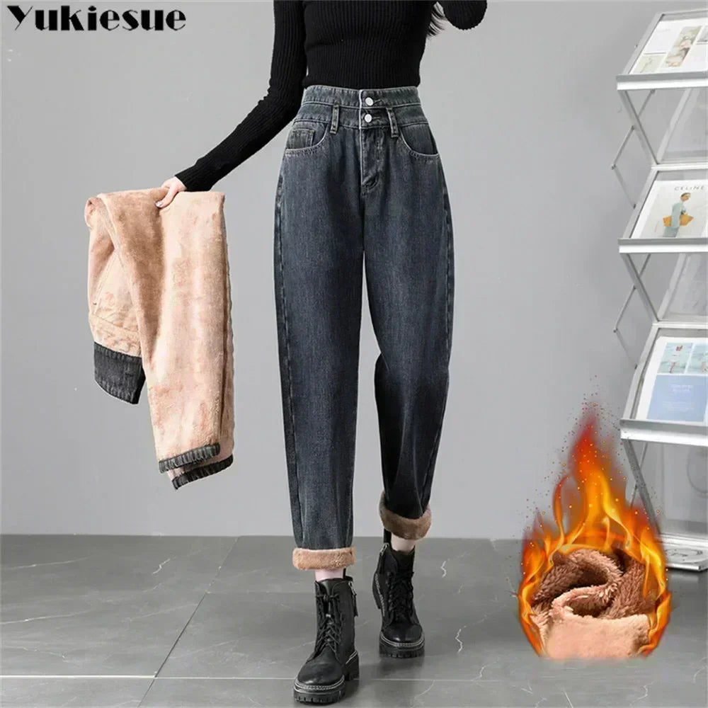 ฤดูหนาวใหม่ WARM DENIM Haren กางเกง FashionHarajuku Casual Thicken WARM High เอวกางเกงตรง Jean ขนแกะ VINTAGE ผู้หญิงกำมะหยี่