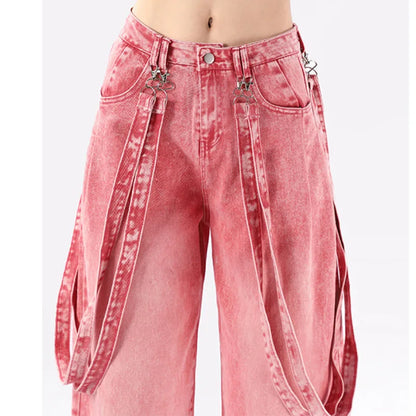 Pink Baggy Cargo Pants Y2K Women High Waist Wide Leg Jeans Hip Hop Vintage Straight Denim Trousers Harajuku Oversized Overalls