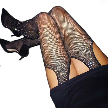 Women's Glitter Fishnet Tights Open Crotch Mesh Pantyhose  Shiny Rhinestone Lady  Tights Nylons Socks Stockings