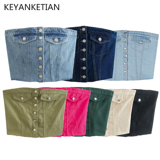 KEYANKETIAN Women Sexy Strapless Single Breasted Denim Tube Corset Summer Ladies Back Pleats High Waist Wrap Chest Crop Vest Top