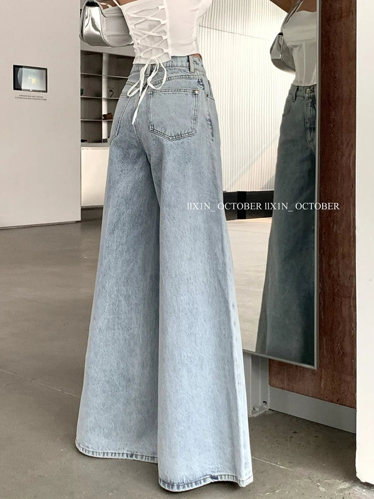 Jmprs lâche femmes jean taille haute coréen casual dames jambe large Denim pantalon mode Simple femme Baggy pantalon