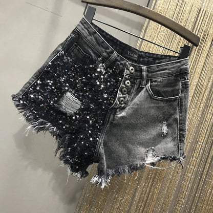 Summer Sequin Denim Shorts Women's High Waist Large Size Hole  Fashion Patchwork Shorts Girls High Street A-line Hot Pants