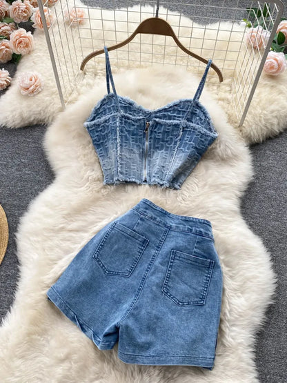 Ensemble en Denim Sexy pour femmes, haut court sans bretelles, fermeture éclair, Mini Short à boutons courts, jupe en jean, costumes deux pièces, été