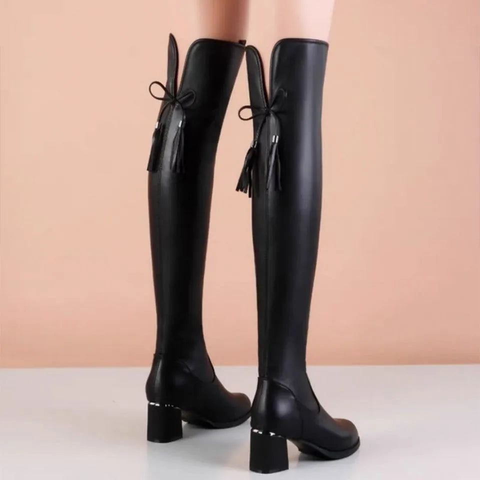 2023 Women Leather Elastic Boots Ladies Plush Long Boot Autumn Winter Thick Heels Over The Knee Boots Slip on Knight Botas