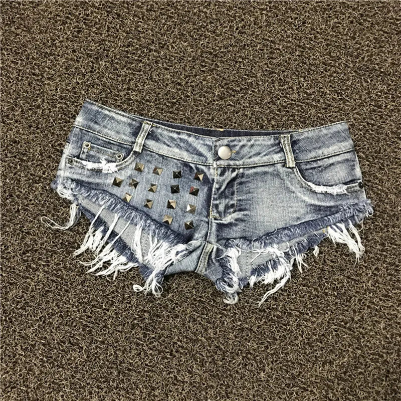 Women's Shorts Sexy Hole Rivet Low Waist Thong Denim Ultra Mini Short Female Bikini Jeans Feminino Nightclub