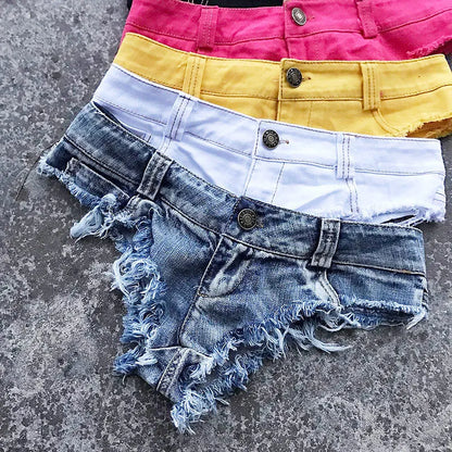 Qisin 2023 New Women Sexy Low Waist Hole Tassel Denim Shorts Jeans Thong Short Feminino