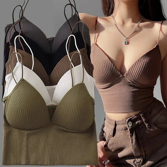 สุภาพสตรี Crop Top Camisole Slim Fit เซ็กซี่ยืด Push Up Bra กับแผ่นหน้าอก Cropped Navel สั้นด้านบน V คอเสื้อขายร้อน