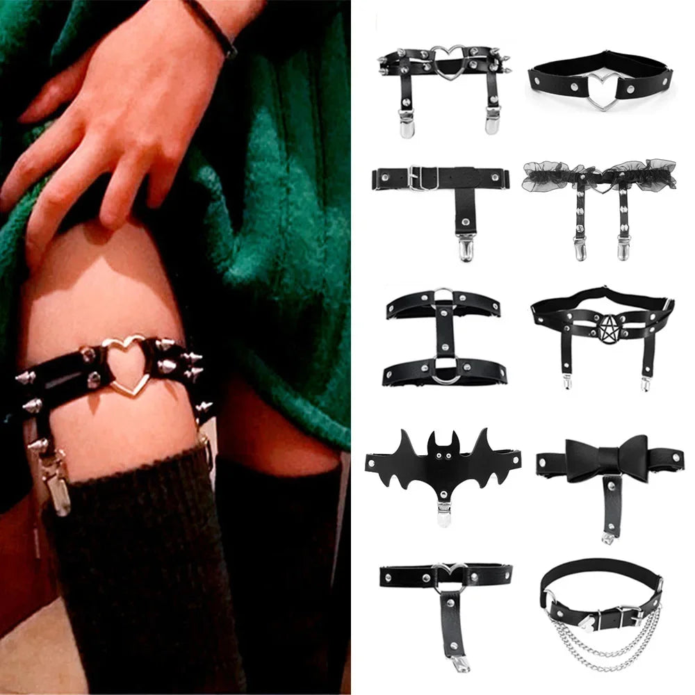 Rock Sexy Leather Love Garter Belt Elastic Leg Girl Women Harness Goth Accessories Black Gothic Rivet Punk Anklet Thigh Garter