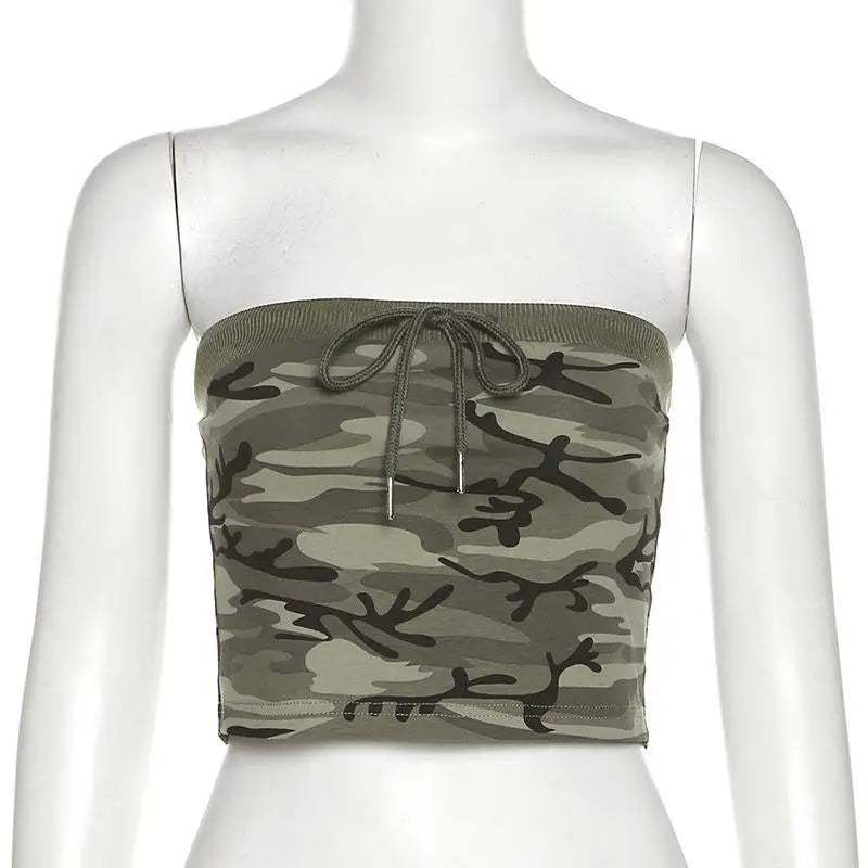 Y2Kเซ็กซี่เลดี้Camo Tube Topsสำหรับผู้หญิงCamouflage Lace Up BandeauทหารCrop Topsปิดไหล่Bandeau Tops femme