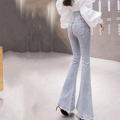 Single Breasted High Waist Flare Jeans For Women Spring Autumn High Street Slim Boot Cut Denim Pants Ladies Fishtail Jeans