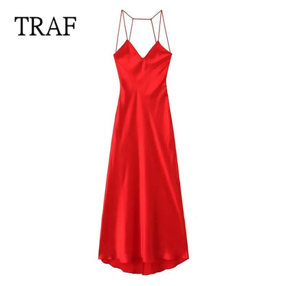 TRAF Red Women Dresses 2024 Sexy Backless Slip Dress Women Clothing Satin Sleeveless Dress Straps Long Party Dresses Ladies Robe