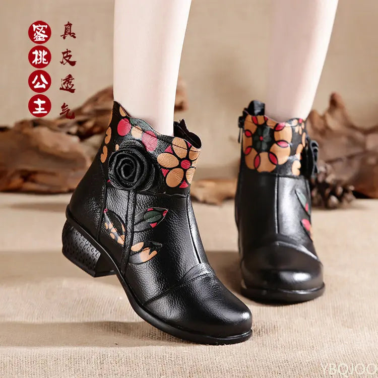 Retro Bohemian Women Boots Printed Genuine Leather Ankle Boots Vintage Motorcycle Booties Ladies Shoes Woman 2022