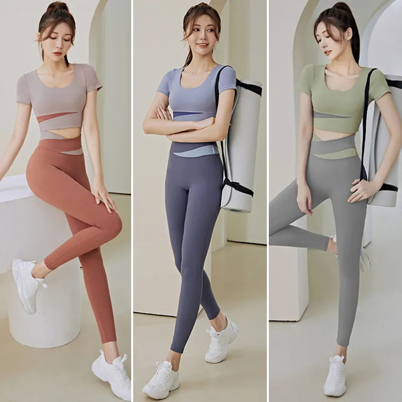 ผู้หญิง 2 ชิ้นชุดออกกำลังกายกีฬา Crop Top Bra วิ่งออกกำลังกายชุดโยคะชุดกีฬา Gymwear เลดี้เสื้อผ้าออกกำลังกายกางเกงขายาวเอวสูง