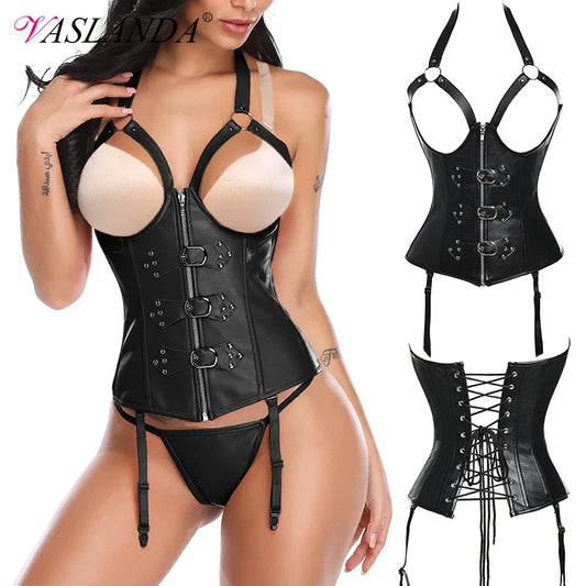 Bustiers & Corsets Leather Steampunk Underbust Corsets with Garters Belt Lace Up Boned Bustiers Tops Sexy Lingerie Set Nightwear