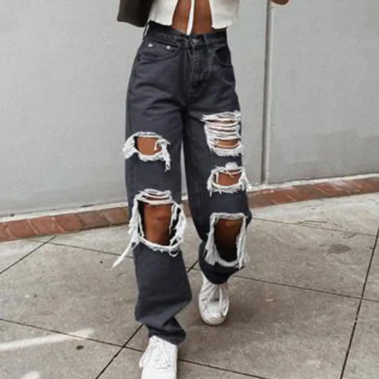 Women Jeans Zipper Fly Wide Leg Lady  Denim Pants High Waist Women Denim Trousers No Stretch Women Ripped Loose Fit Jeans