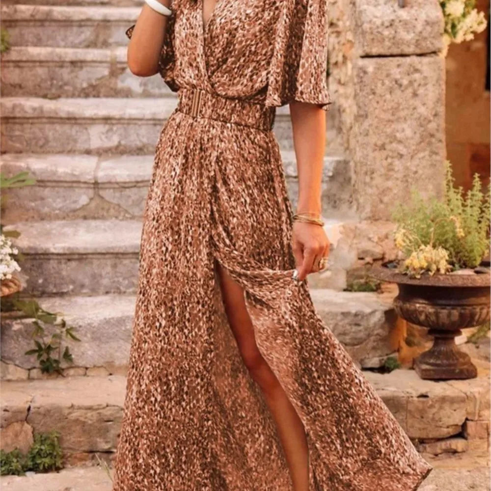 Robe longue de soirée pour femmes, Sexy, imprimé, Slim, fente, manches courtes, col en V, Style Boho, tenue de plage, été, 2023