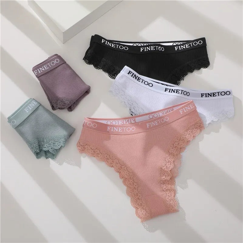 FINETOO 3Pcs Women Cotton Underwear Sexy Lace Edge Ladies Panties Low Waist Solid Color Female Underpants Briefs Intimates