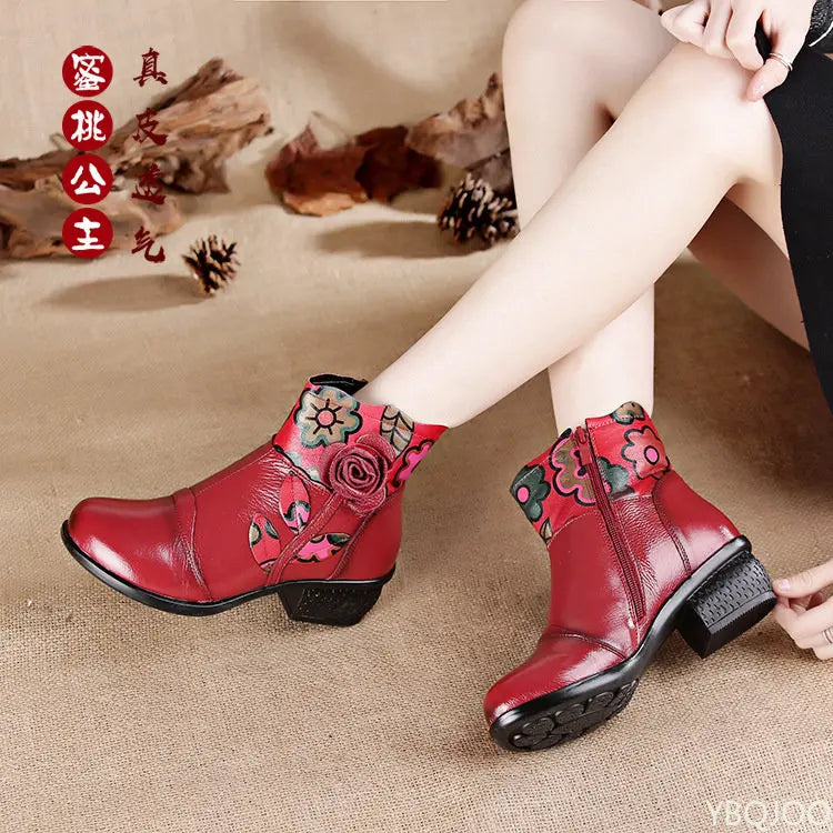 Retro Bohemian Women Boots Printed Genuine Leather Ankle Boots Vintage Motorcycle Booties Ladies Shoes Woman 2022