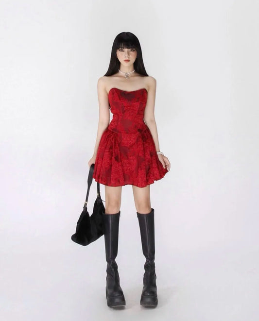 Women Sexy Backless Strapless Red Floral Print Lace Mini Dresses 2023 Summer High Waist Slim Hotsweet Party Club Pleated Dress