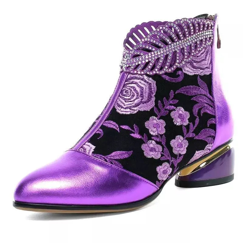 New Ankle Boots Women's Shoes Leather Boots Embroidery Ethnic Bohemia Zipper Spring Autumn Ladies Botas Botas De Mujer2021