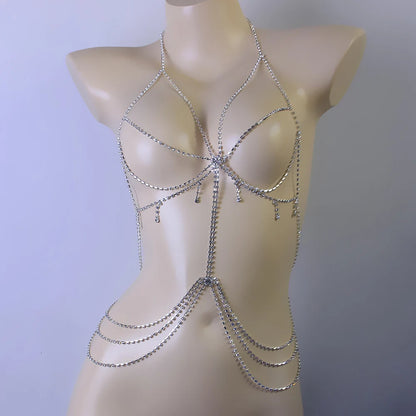 Sexy Rhinestone Bra Body Chain Harness Jewelry Underwear for Women Statement Crystal Bra Necklace Beach Bikini Chest Jewelry